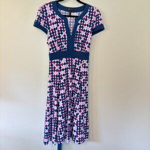 BCBG MaxAzria Women's Size L Polka Dot Midi, Tie Waist Dress, Purple, Navy, Pink